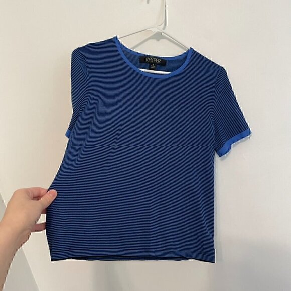 KASPER Blue Black Horizontal Striped Short Sleeve Office Preppy Knit Sweater Top - Picture 6 of 10